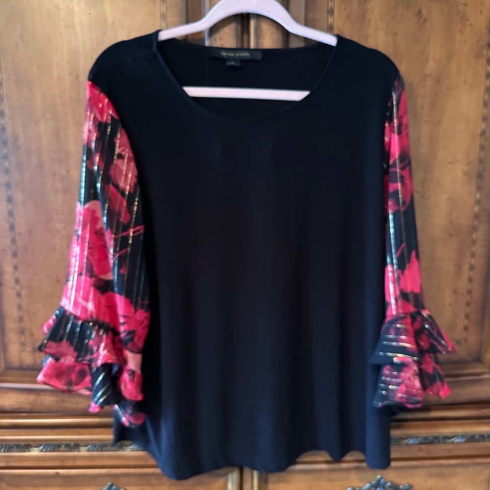 Eileen Fisher Black Top with red Floral Ruffle Sleeves
